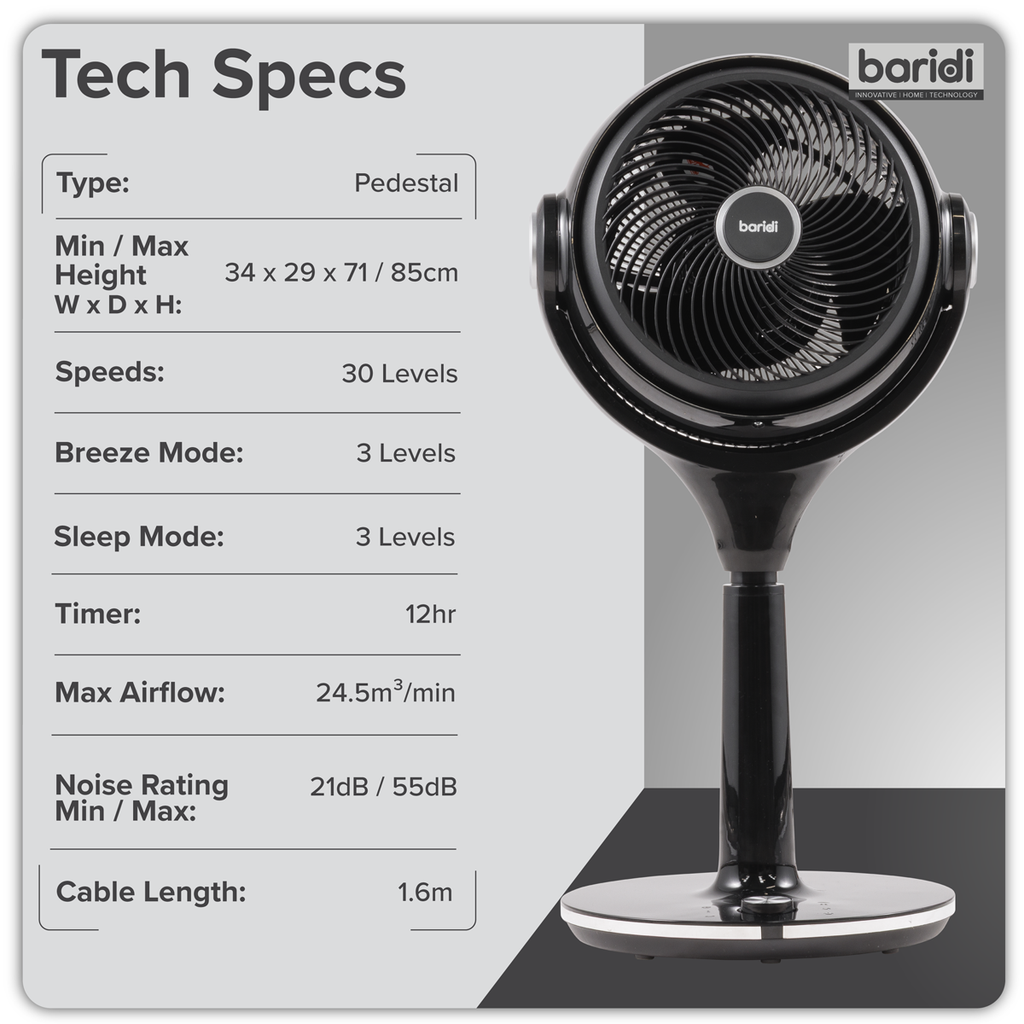 Baridi Pedestal Fan with Remote Control & Timer 10", Black (DH143) (Factory Refurbished B)