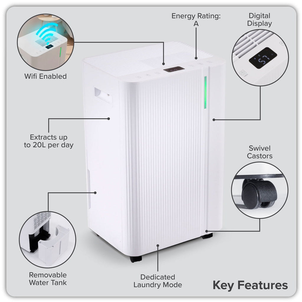 Baridi Dehumidifier with Digital Display & 24hr Timer 20L - White