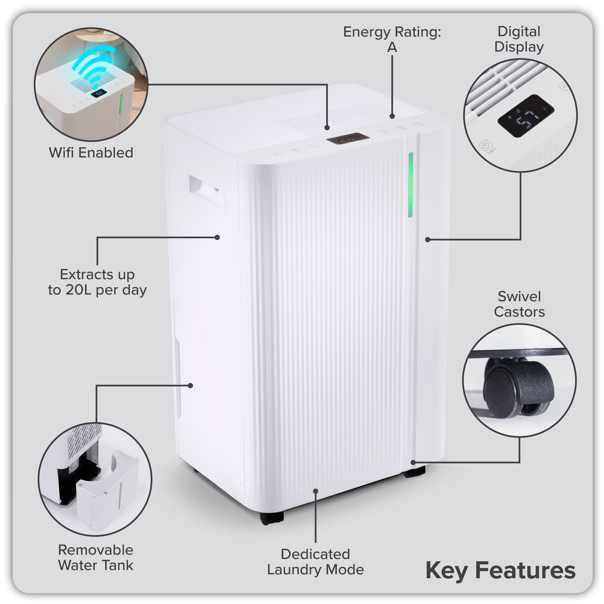 Baridi Dehumidifier with Digital Display & 24hr Timer 20L - White
