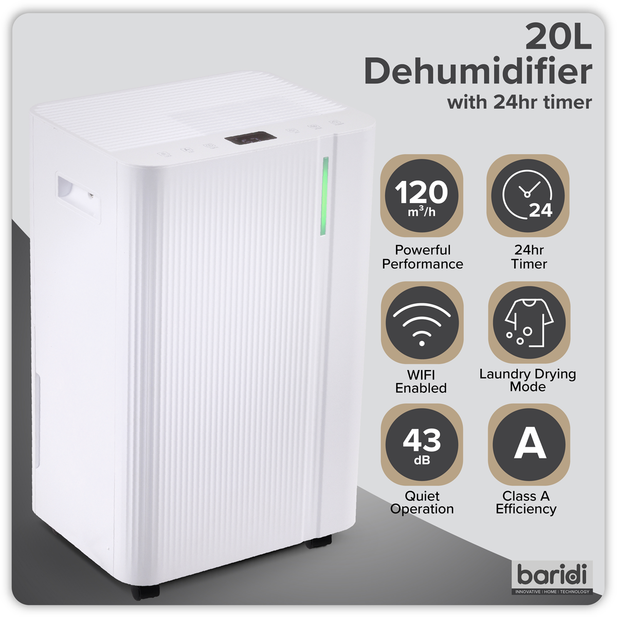Baridi Dehumidifier with Digital Display & 24hr Timer 20L - White