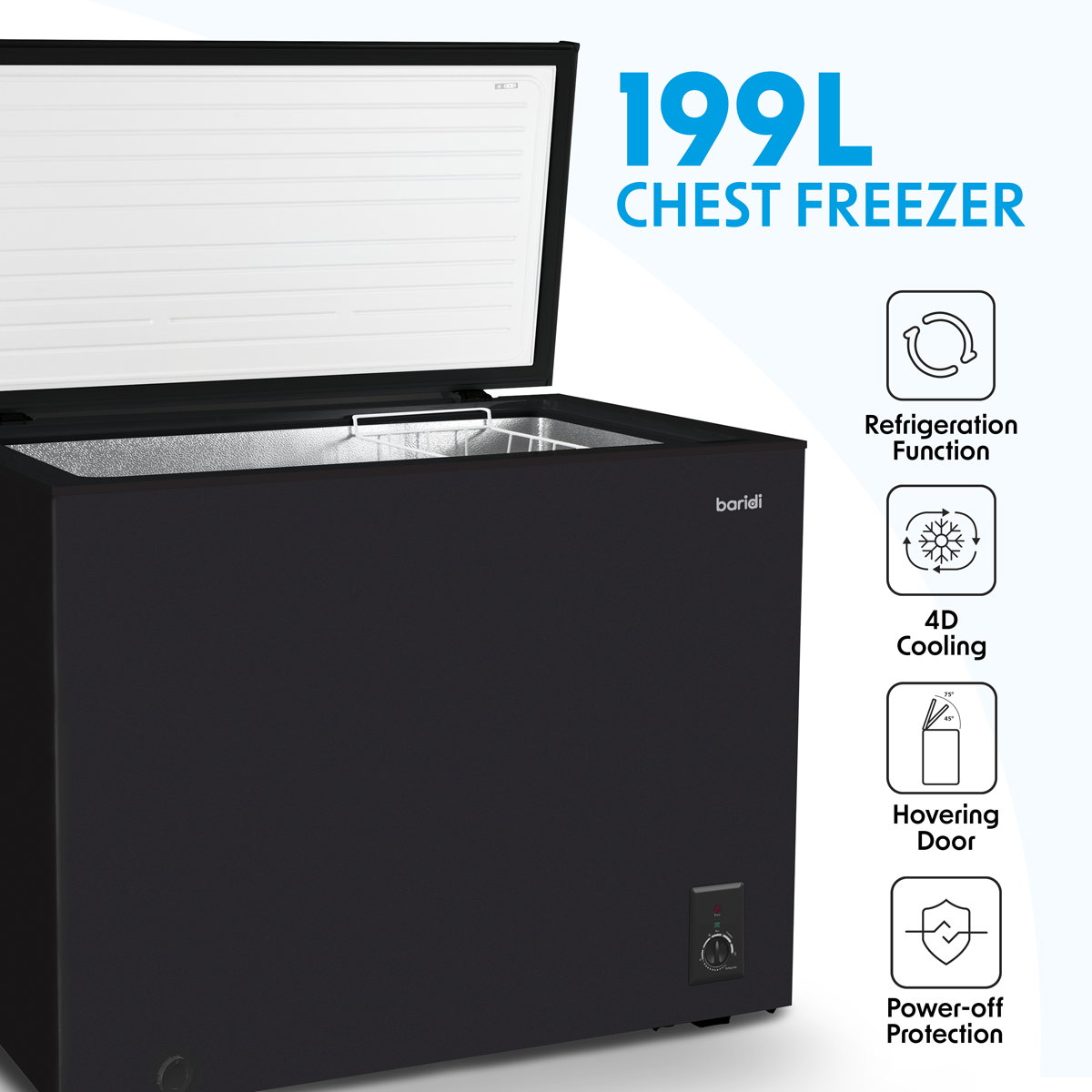 Baridi Freestanding Chest Freezer, 199L Capacity, Black (DH151) (Factory Refurbished B)