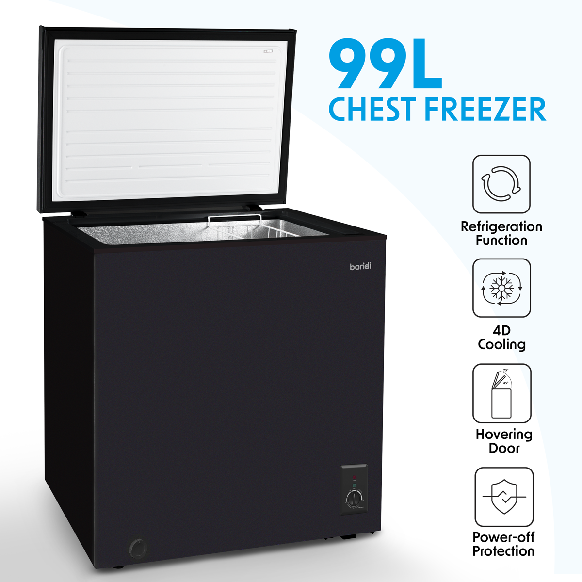 Baridi Freestanding Chest Freezer, 99L Capacity, Black (DH153)