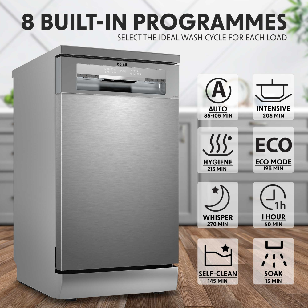 Baridi DH166 DH267 Slimline Freestanding Dishwasher 45cm, 10 Place Settings, 8 Programmes