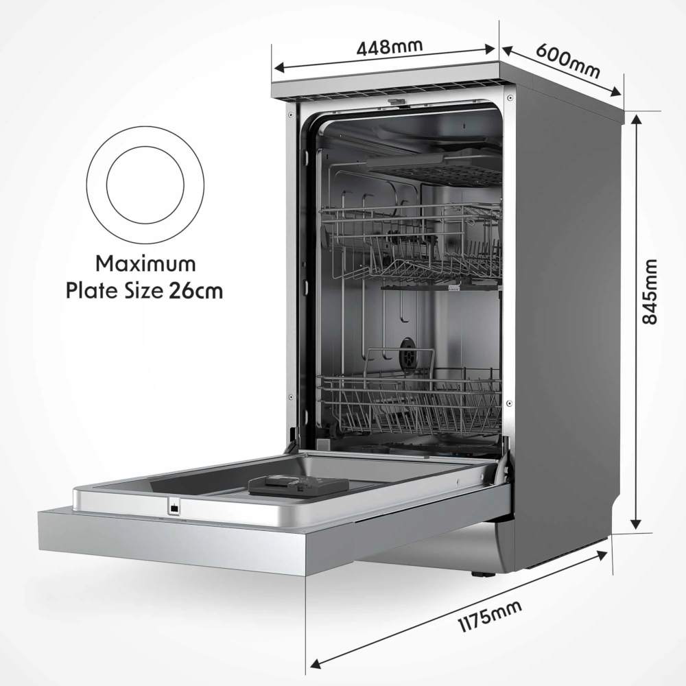 Baridi DH166 DH267 Slimline Freestanding Dishwasher 45cm, 10 Place Settings, 8 Programmes