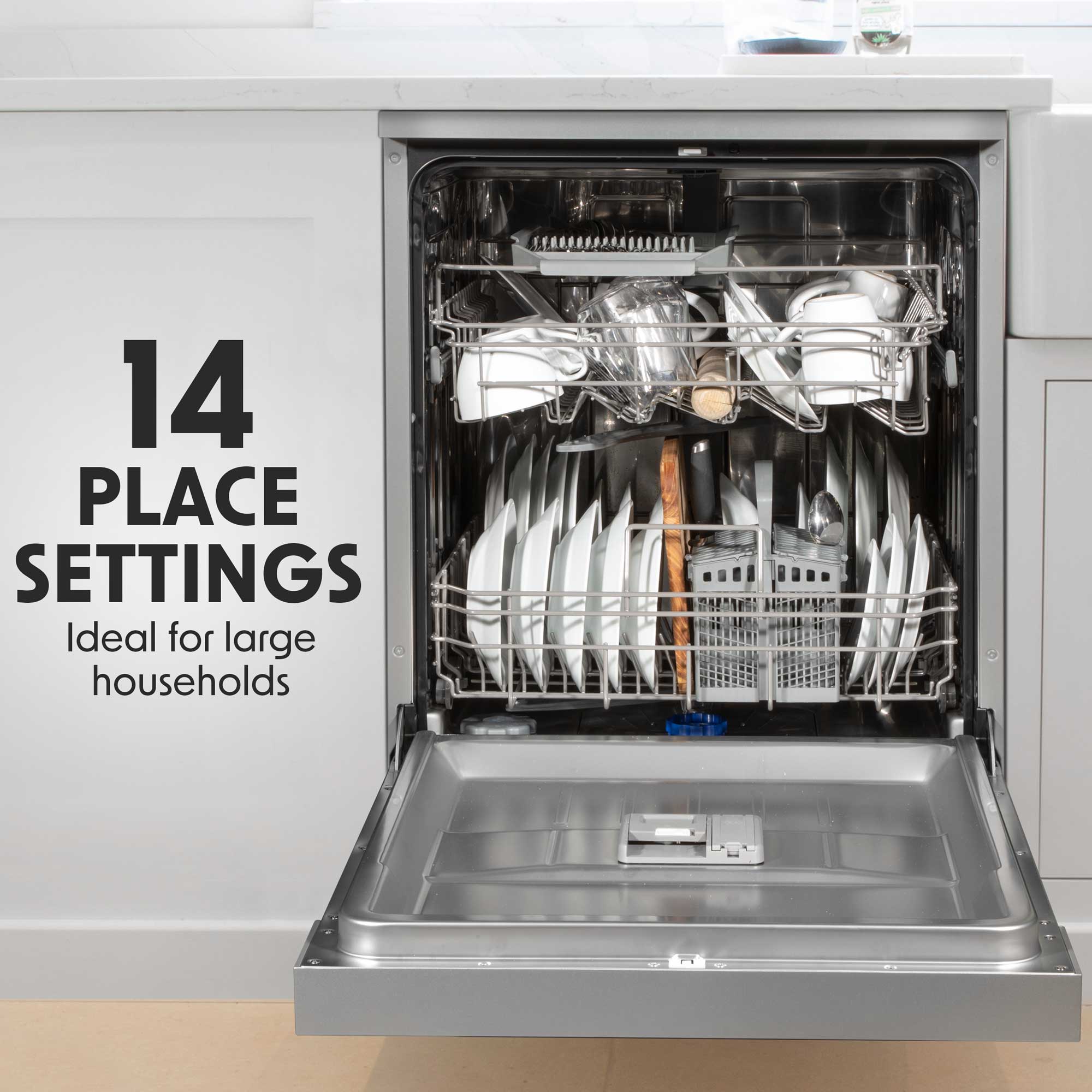 Baridi DH167 Freestanding Dishwasher 60cm, 14 Place Settings, 8 Programmes, Silver