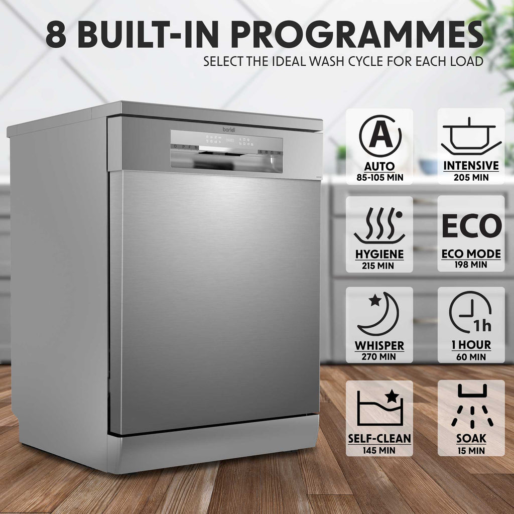 Baridi DH167 Freestanding Dishwasher 60cm, 14 Place Settings, 8 Programmes, Silver