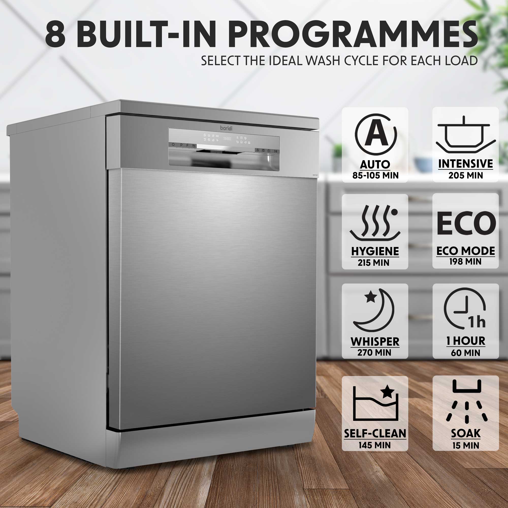 Baridi DH167 Freestanding Dishwasher 60cm, 14 Place Settings, 8 Programmes, Silver