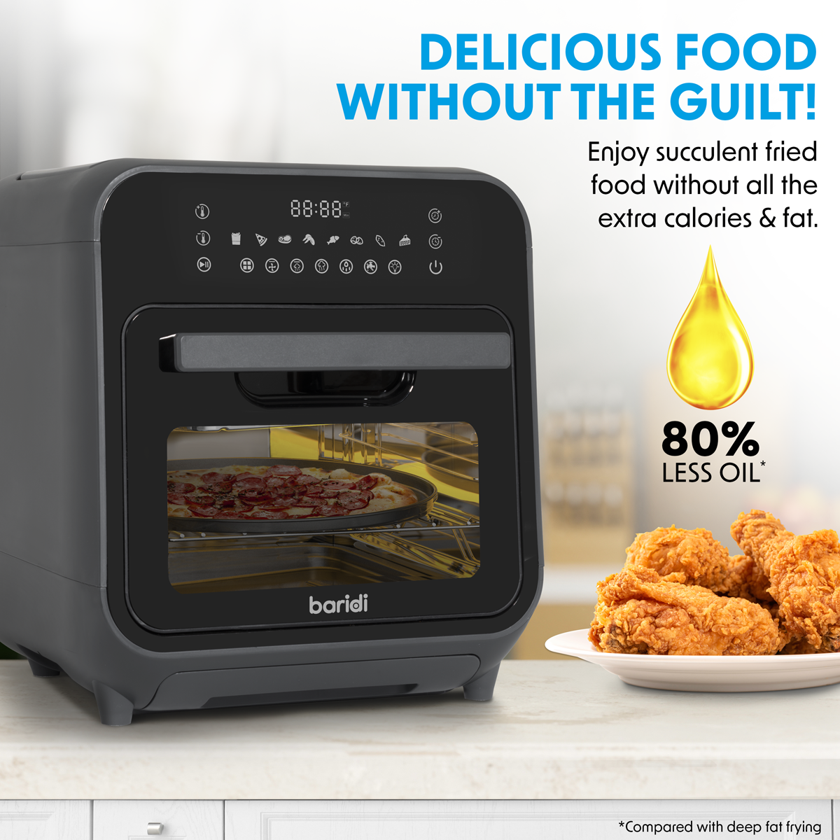 Baridi Steam Air Fryer Oven, 15L Capacity, 8 Preset Functions, Black (DH171) (Factory Refurbished B)