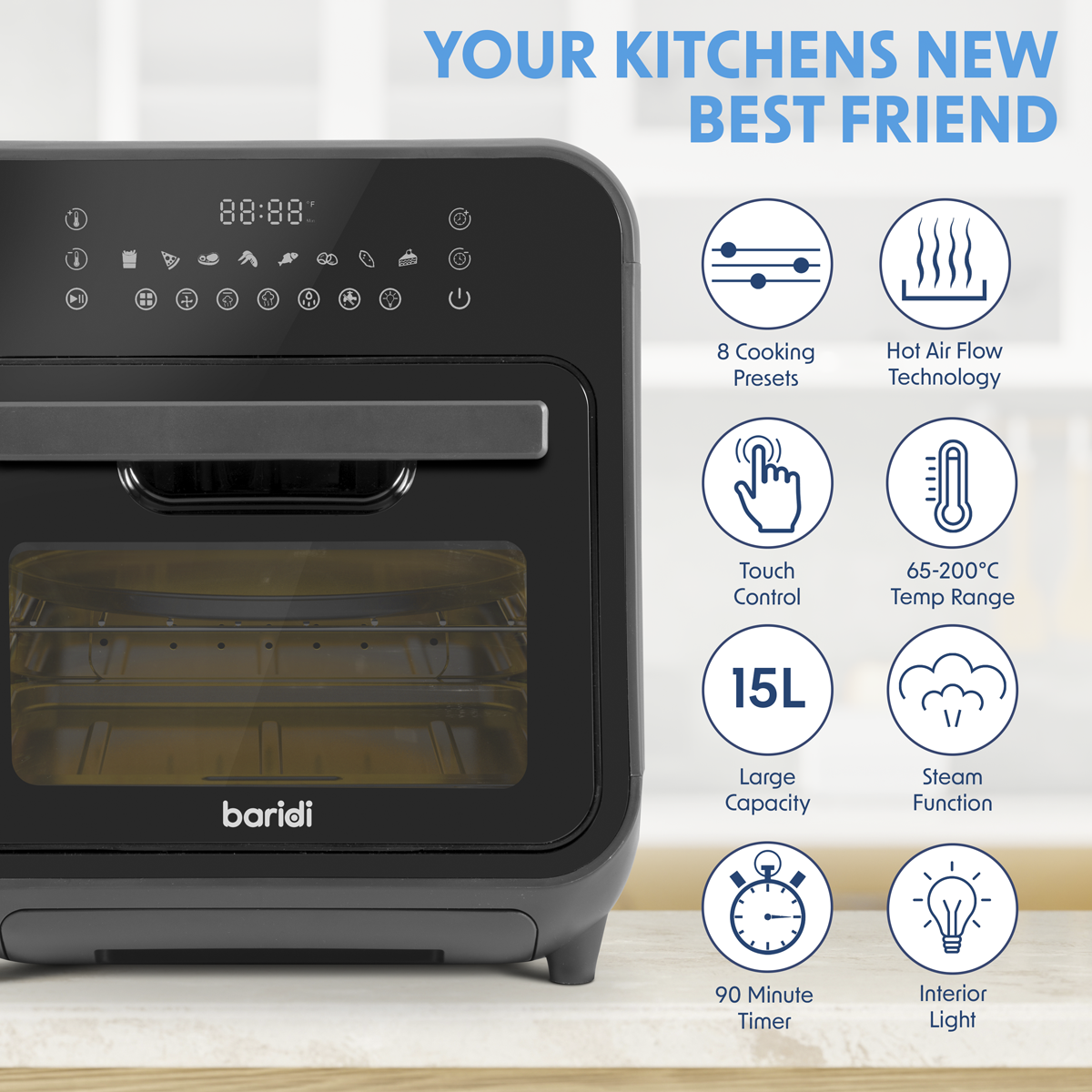 Baridi Steam Air Fryer Oven, 15L Capacity, 8 Preset Functions, Black (DH171) (Factory Refurbished B)