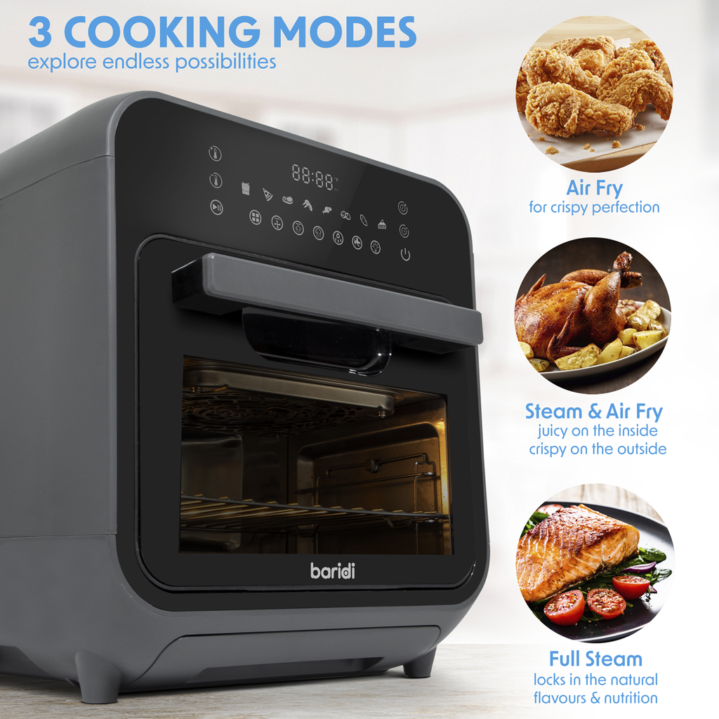 Baridi Steam Air Fryer Oven, 15L Capacity, 8 Preset Functions, Black (DH171) (Factory Refurbished B)
