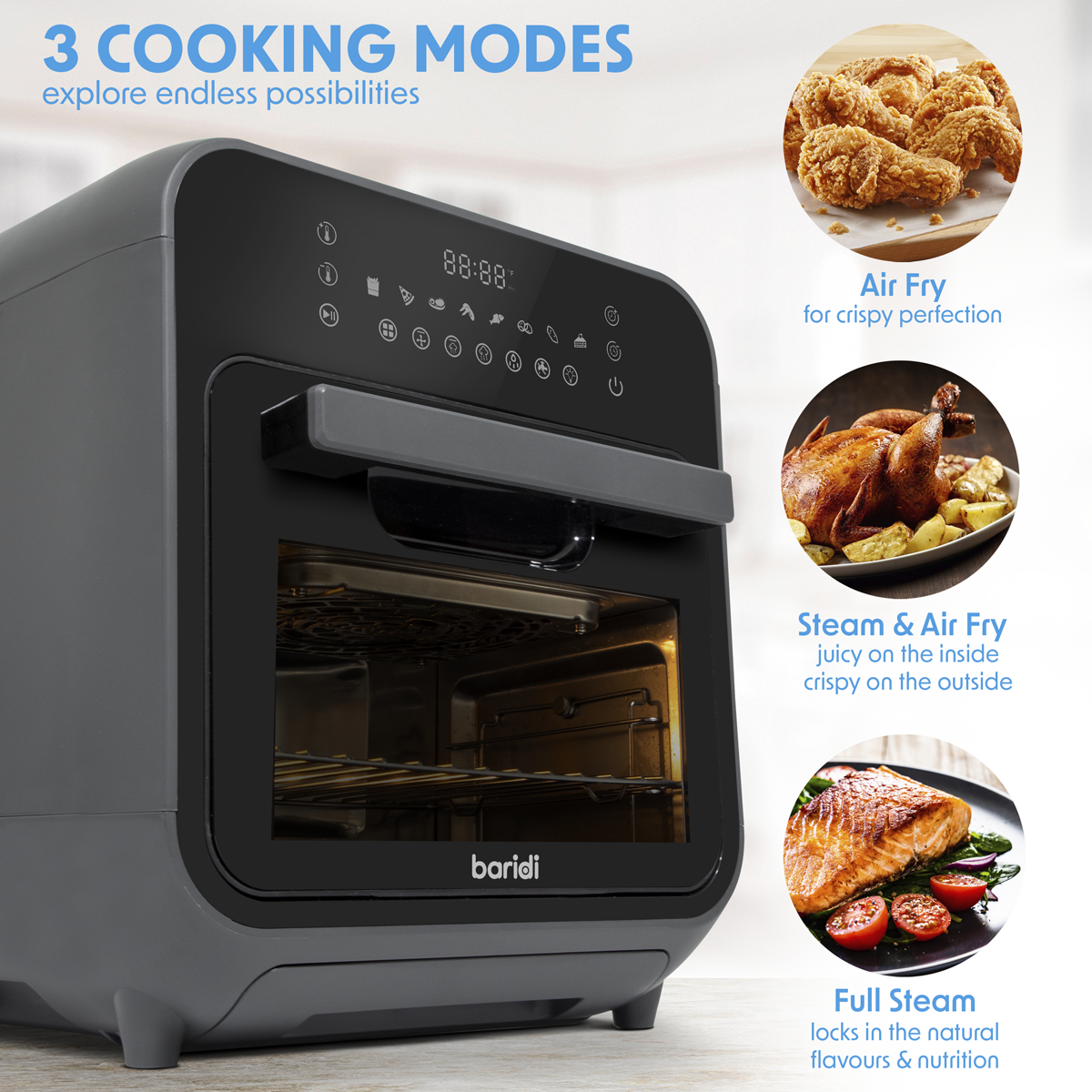 Baridi Steam Air Fryer Oven, 15L Capacity, 8 Preset Functions, Black (DH171) (Factory Refurbished B)