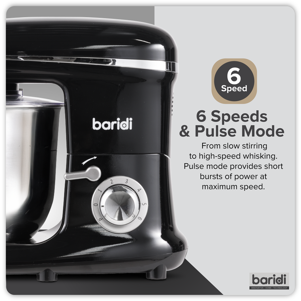 Baridi Stand Mixer with Accessories, 6L Capacity, 1500W, Black (DH173)