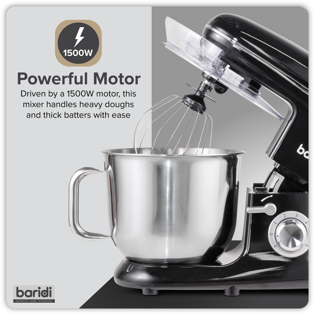 Baridi Stand Mixer with Accessories, 6L Capacity, 1500W, Black (DH173)