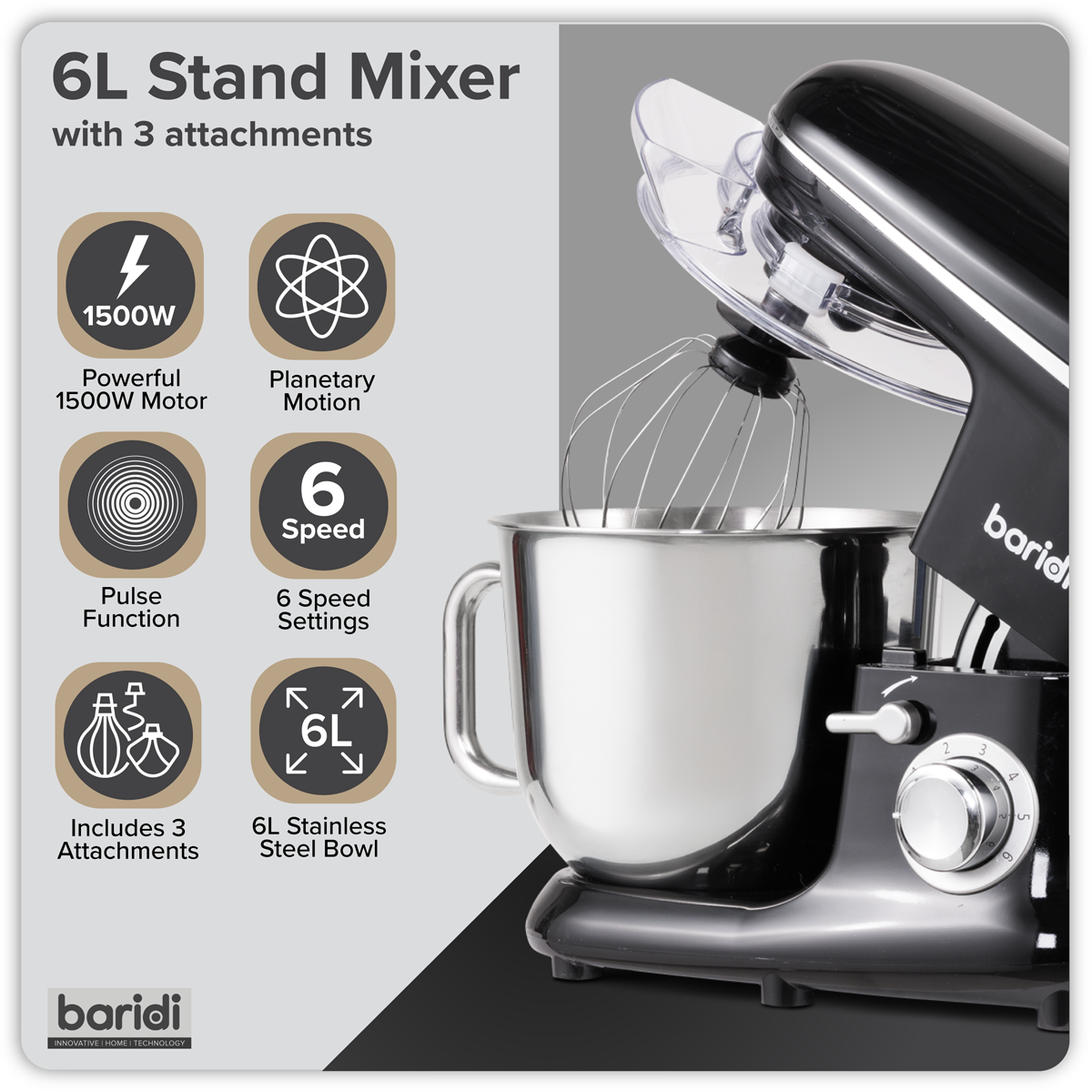 Baridi Stand Mixer with Accessories, 6L Capacity, 1500W, Black (DH173) (Factory Refurbished A)