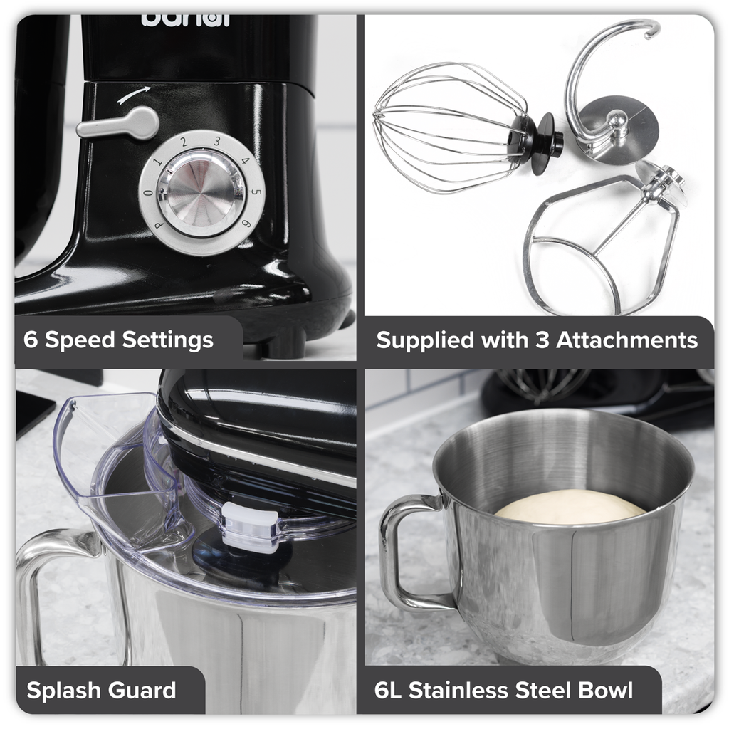 Baridi Stand Mixer with Accessories, 6L Capacity, 1500W, Black (DH173)