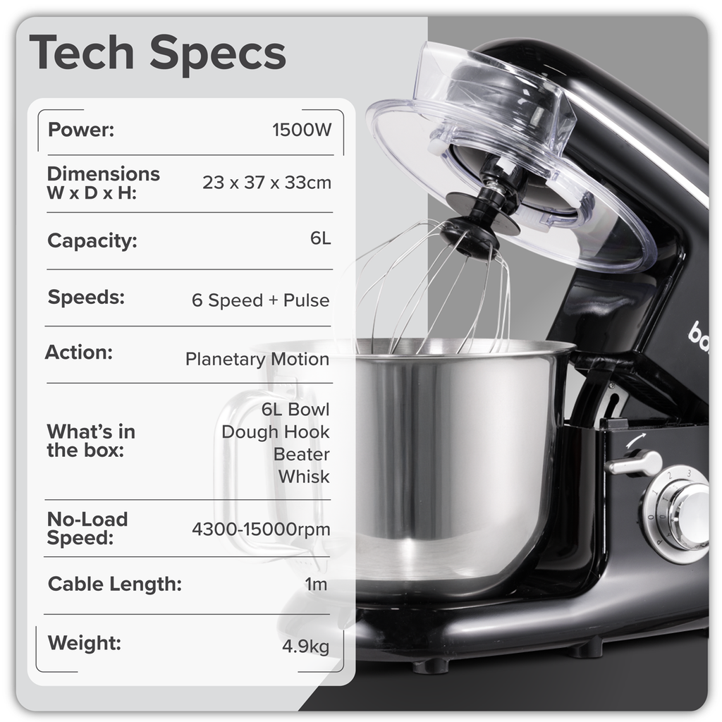 Baridi Stand Mixer with Accessories, 6L Capacity, 1500W, Black (DH173)