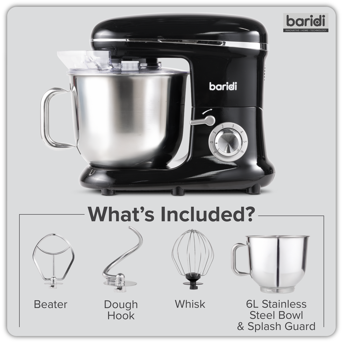 Baridi Stand Mixer with Accessories, 6L Capacity, 1500W, Black (DH173)