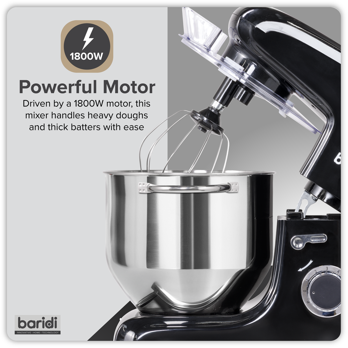 Baridi Stand Mixer with Accessories, 8L Capacity, 1800W, Black (DH174)