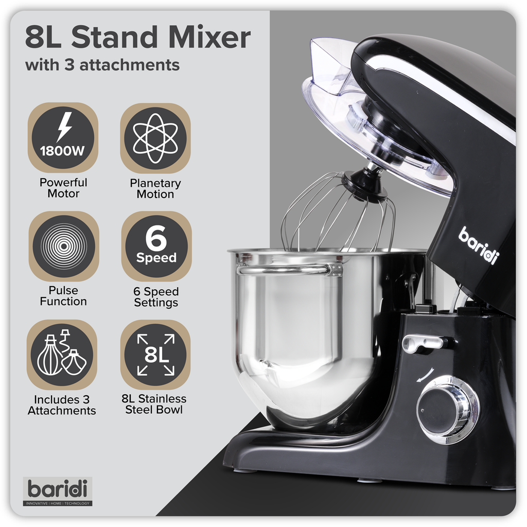 Baridi Stand Mixer with Accessories, 8L Capacity, 1800W, Black (DH174)