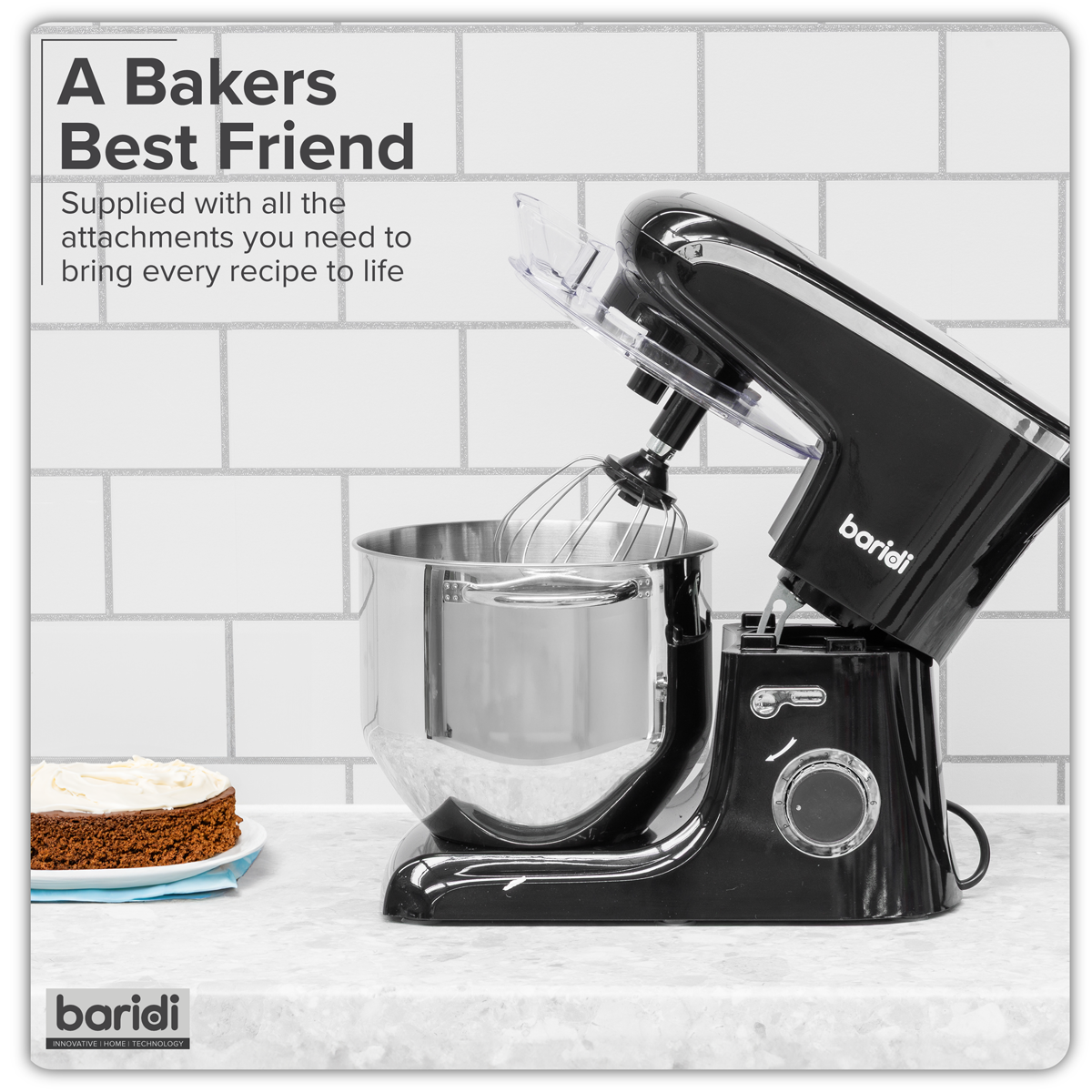 Baridi Stand Mixer with Accessories, 8L Capacity, 1800W, Black (DH174)