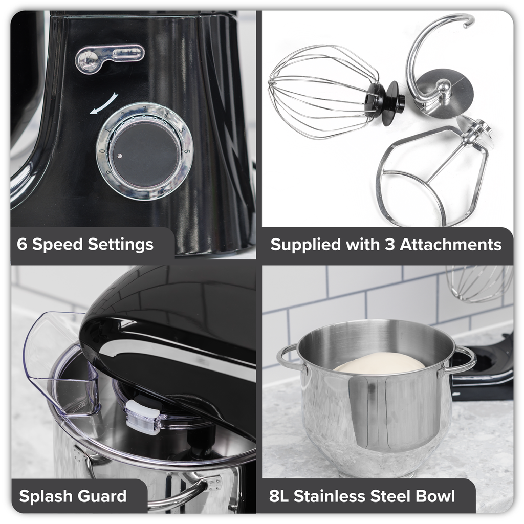 Baridi Stand Mixer with Accessories, 8L Capacity, 1800W, Black (DH174)