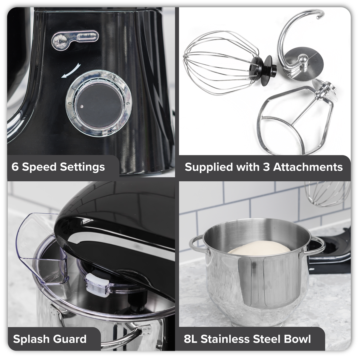 Baridi Stand Mixer with Accessories, 8L Capacity, 1800W, Black (DH174)