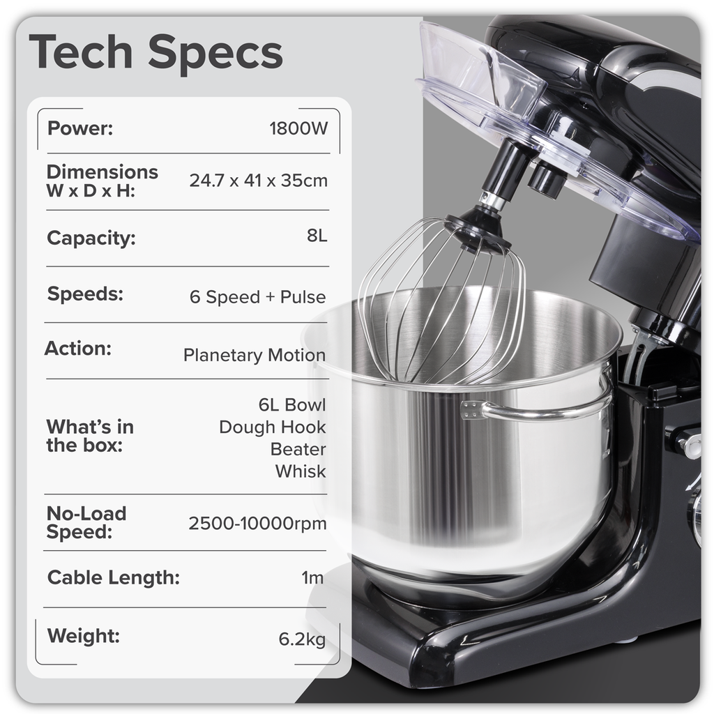 Baridi Stand Mixer with Accessories, 8L Capacity, 1800W, Black (DH174)