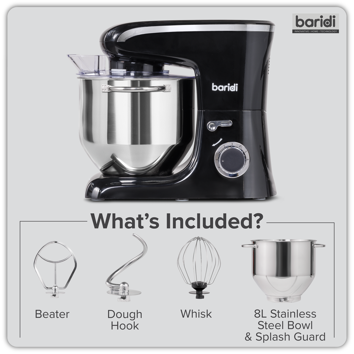 Baridi Stand Mixer with Accessories, 8L Capacity, 1800W, Black (DH174)