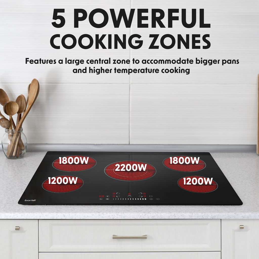 Baridi Built-in Ceramic Hob 77cm, 5 Cooking Zones, Black (DH175) (Factory Refurbished A)