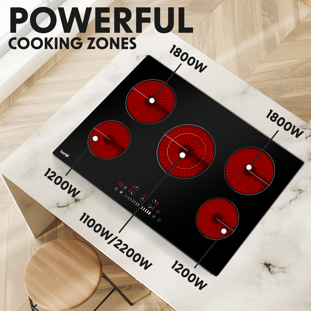 Baridi Built-in Ceramic Hob 77cm, 5 Cooking Zones, Black (DH175) (Factory Refurbished A)