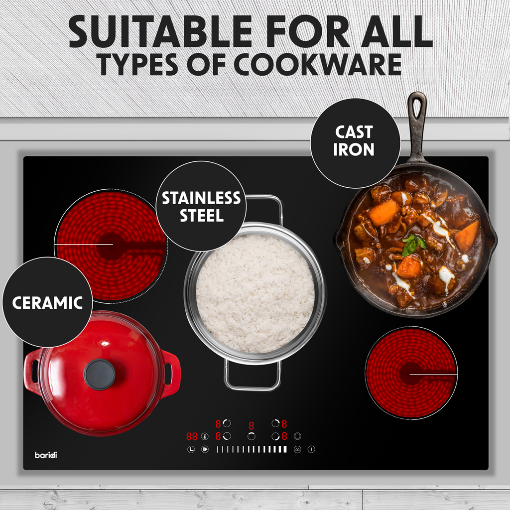 Baridi Built-in Ceramic Hob 77cm, 5 Cooking Zones, Black (DH175) (Factory Refurbished A)