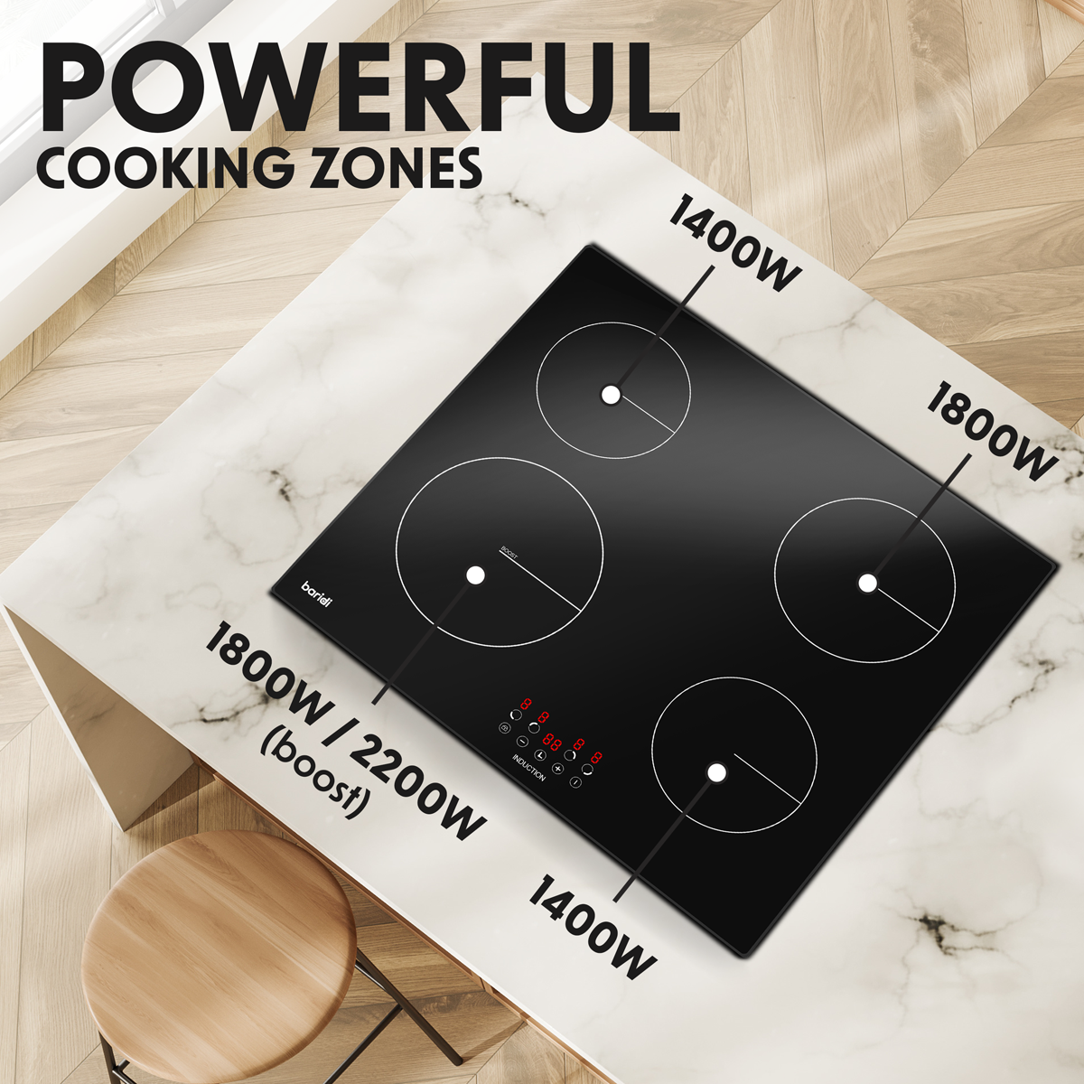 Baridi Built-in Induction Hob 60cm, 4 Cooking Zones, Black (DH176)