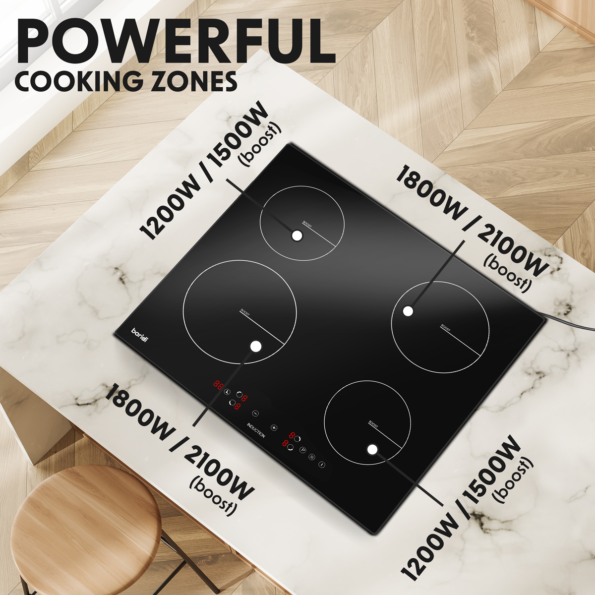 Baridi Built-in Induction Hob 60cm, 4 Cooking Zones, Black (DH177)