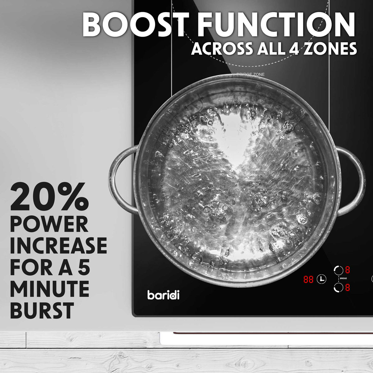 Baridi Built-in Bridge Zone Induction Hob 60cm, 4 Cooking Zones, Black (DH178)