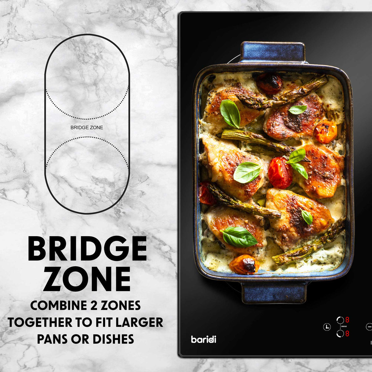Baridi Built-in Bridge Zone Induction Hob 60cm, 4 Cooking Zones, Black (DH178)