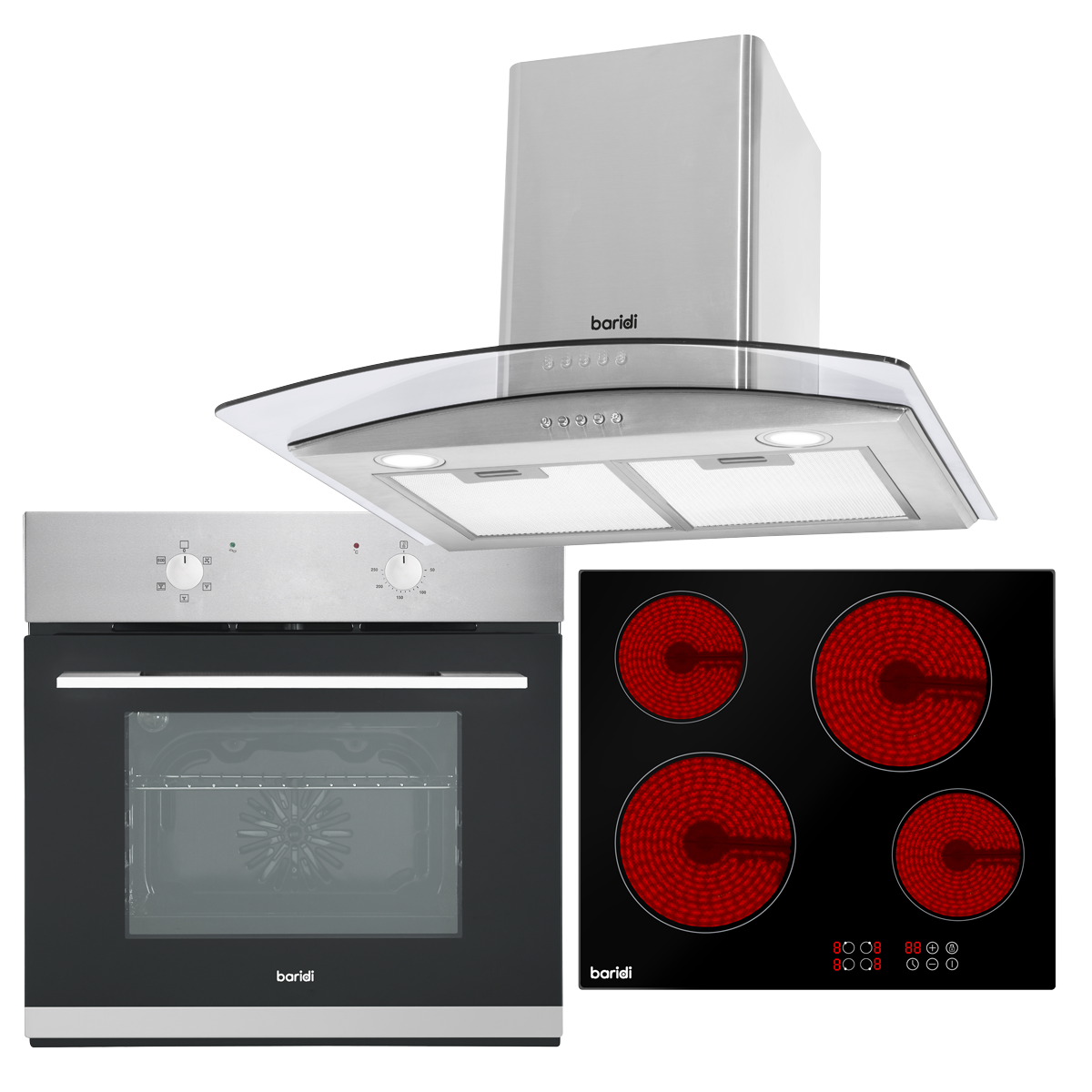 Baridi Curved Cooker Hood, Fan-Assisted Oven & Ceramic Hob 60cm (DH187)