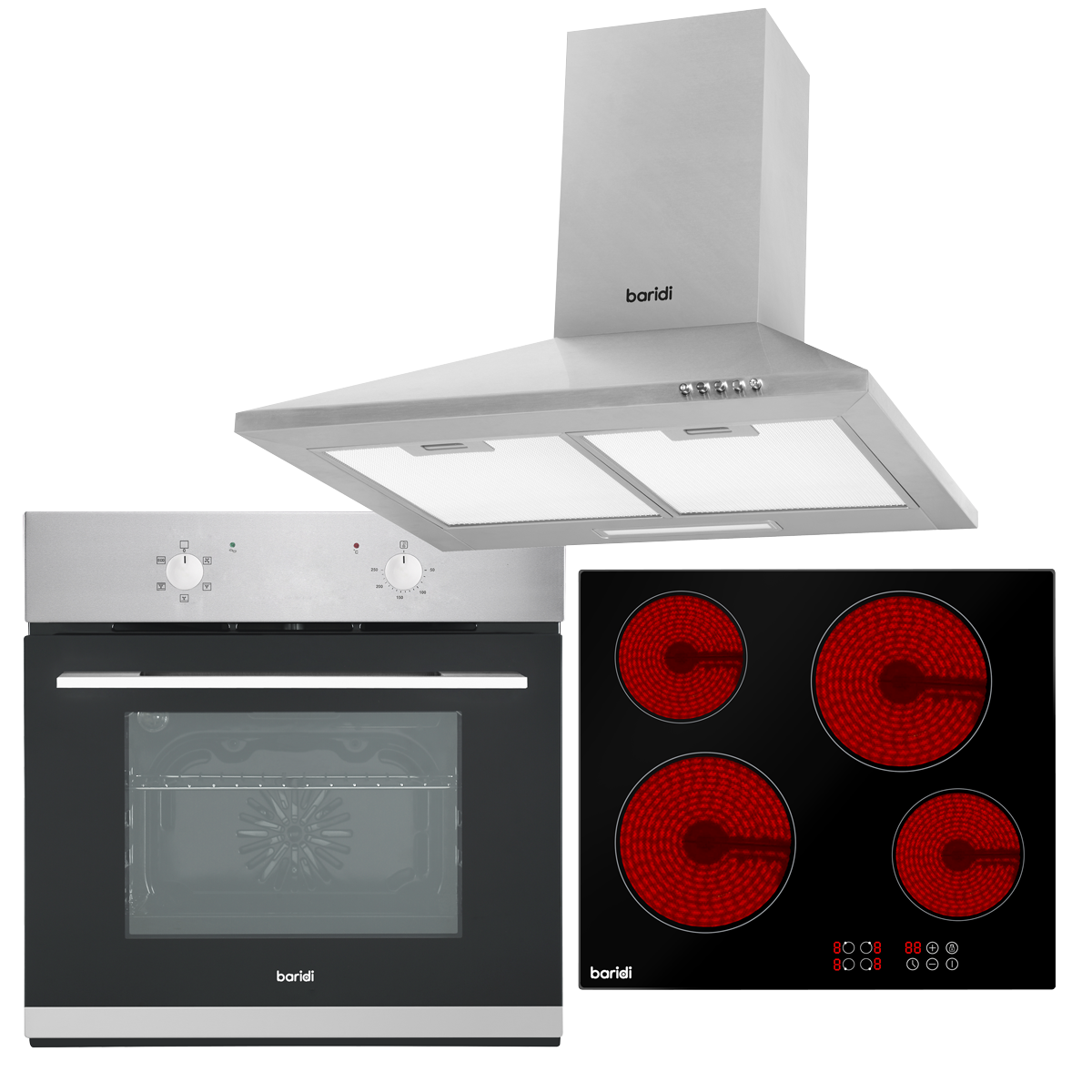 Baridi Chimney Cooker Hood, Fan-Assisted Oven & Ceramic Hob 60cm (DH188)