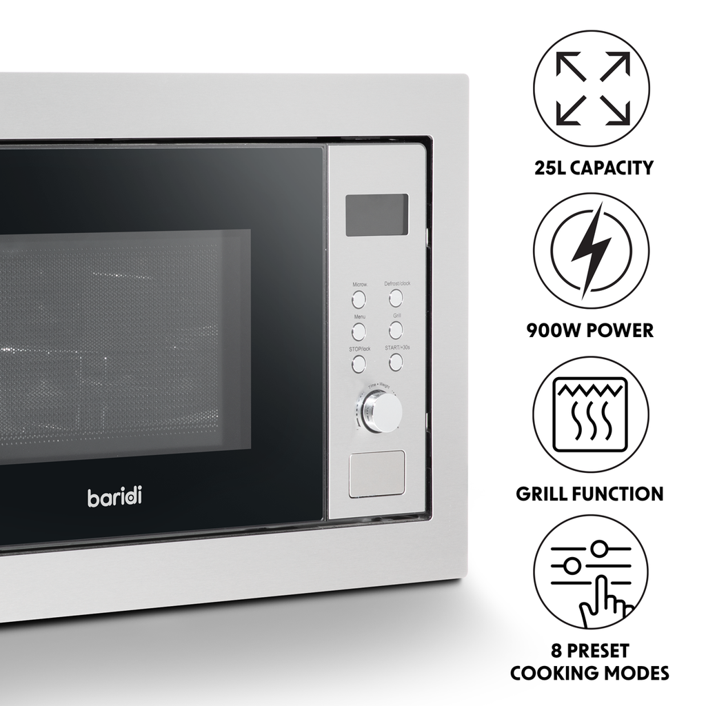 Baridi Built-in Microwave Oven with Grill, 25L Capacity, Stainless Steel (DH197)