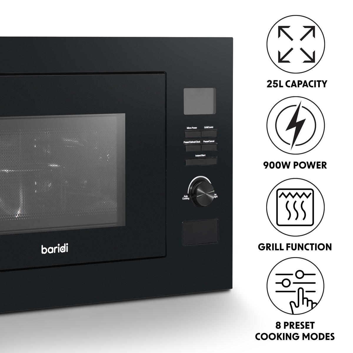 Baridi Built-in Microwave Oven with Grill, 25L Capacity, Black (DH198)
