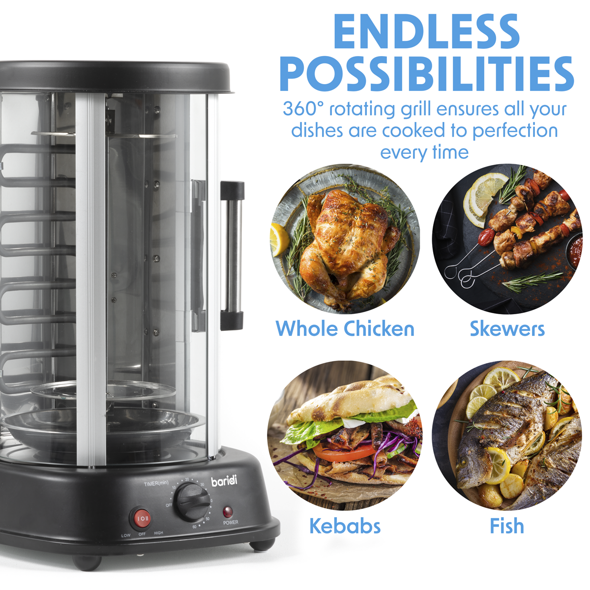 Baridi Vertical Rotisserie Smokeless Grill, 21L Capacity, Black (DH216) (Factory Refurbished B)