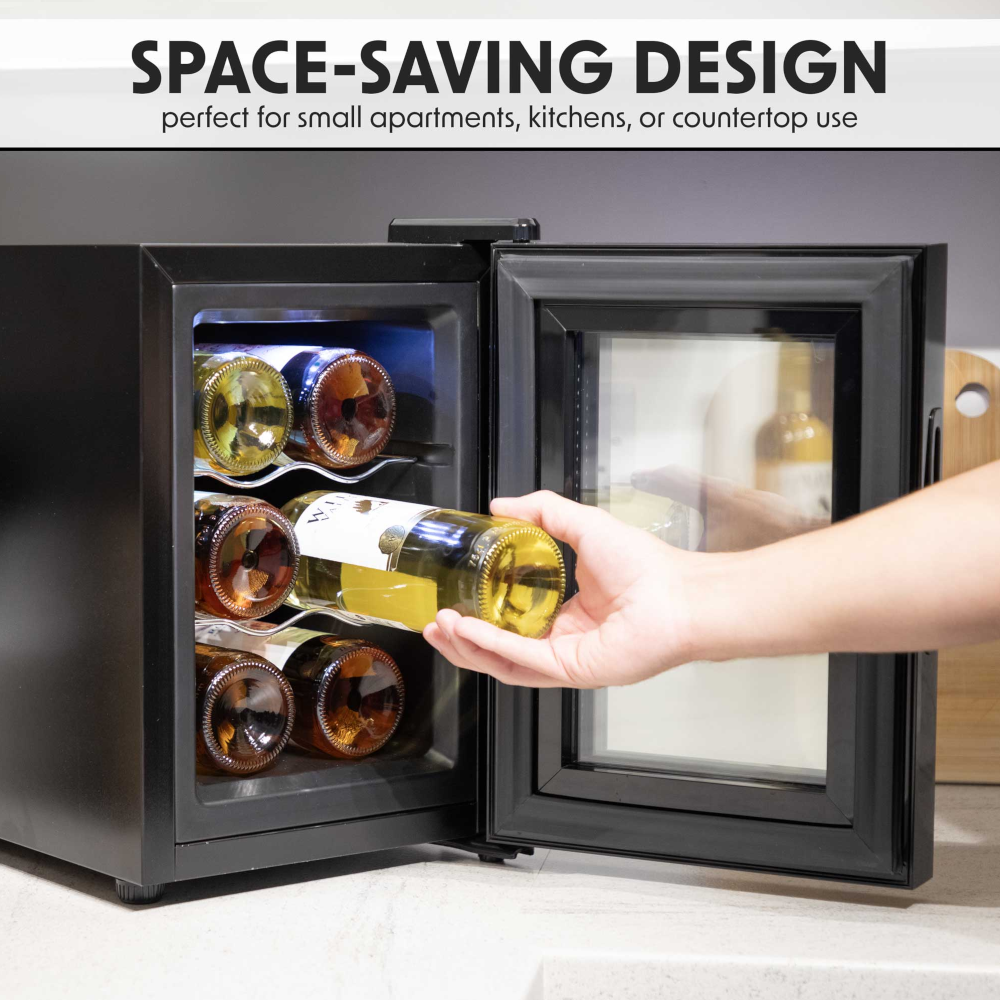 Baridi DH217 Table Top Freestanding Wine Cooler Fridge with Digital Touchscreen Controls, LED Light, 6 Bottle Capacity, Black