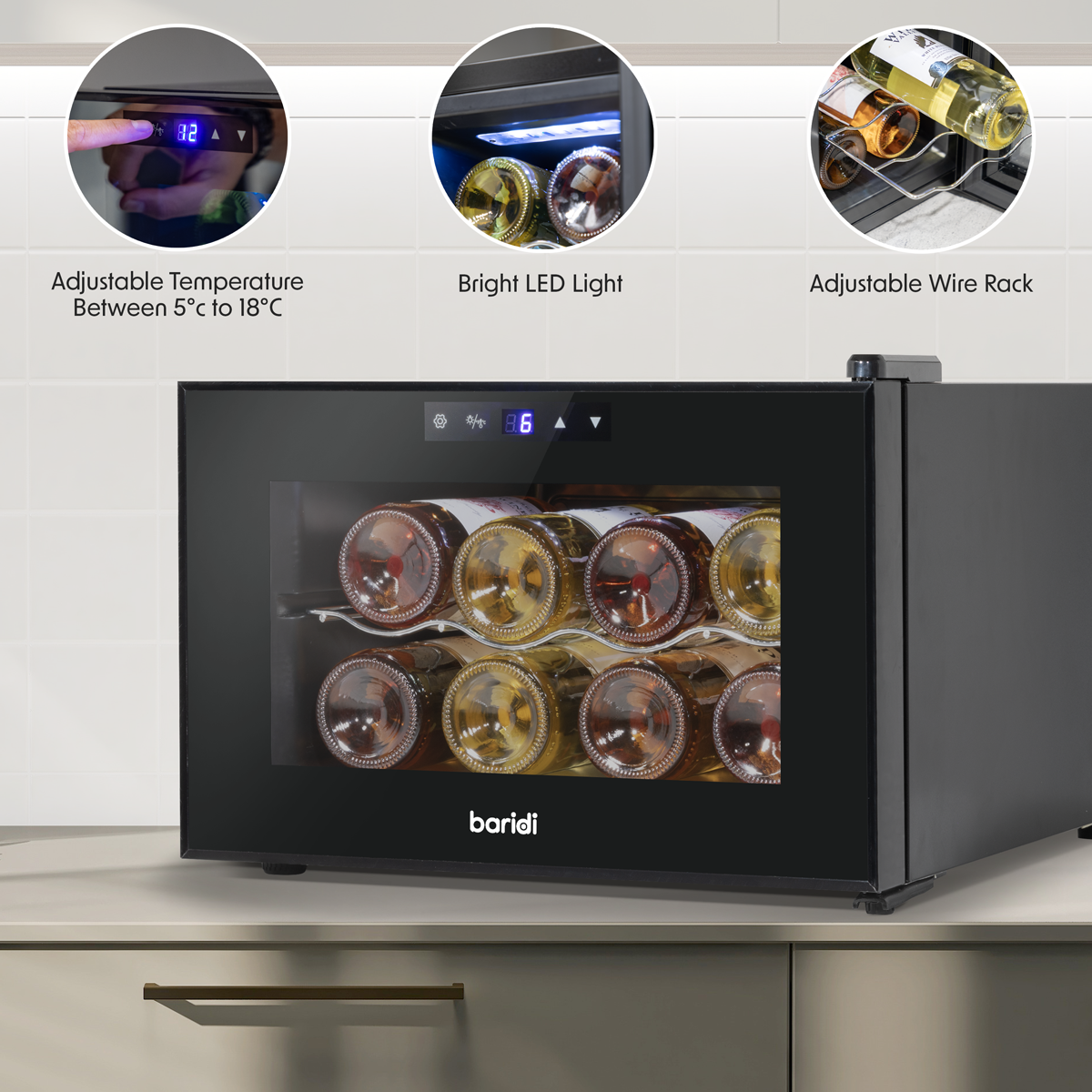 Baridi Wine Cooler Fridge, 8 Bottle, Black (DH218) (Factory Refurbished B)
