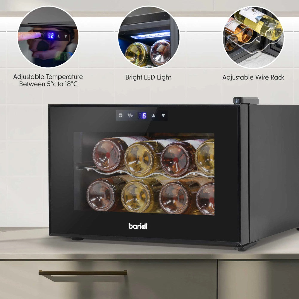 Baridi DH218 Table Top Freestanding Wine Cooler Fridge with Digital Touchscreen Controls, LED Light, 8 Bottle Capacity, Black