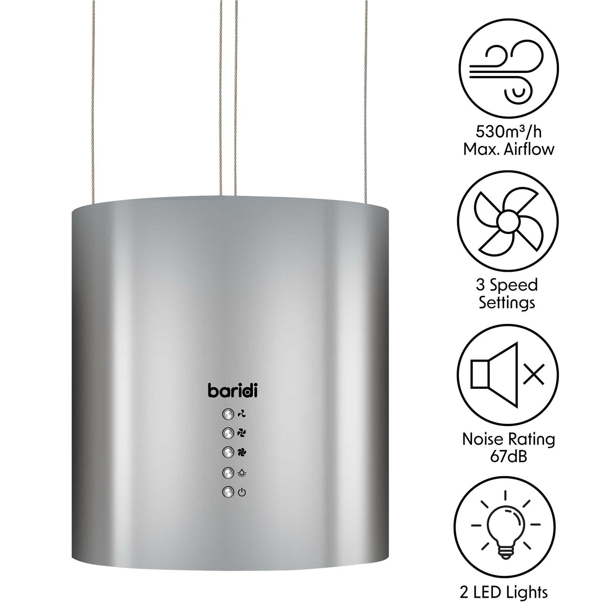 Baridi Round Island Cooker Hood with Filter 35cm, Stainless Steel (DH220)