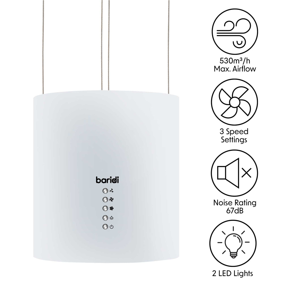 Baridi Round Island Cooker Hood with Filter 35cm, White (DH221) (Factory Refurbished A)