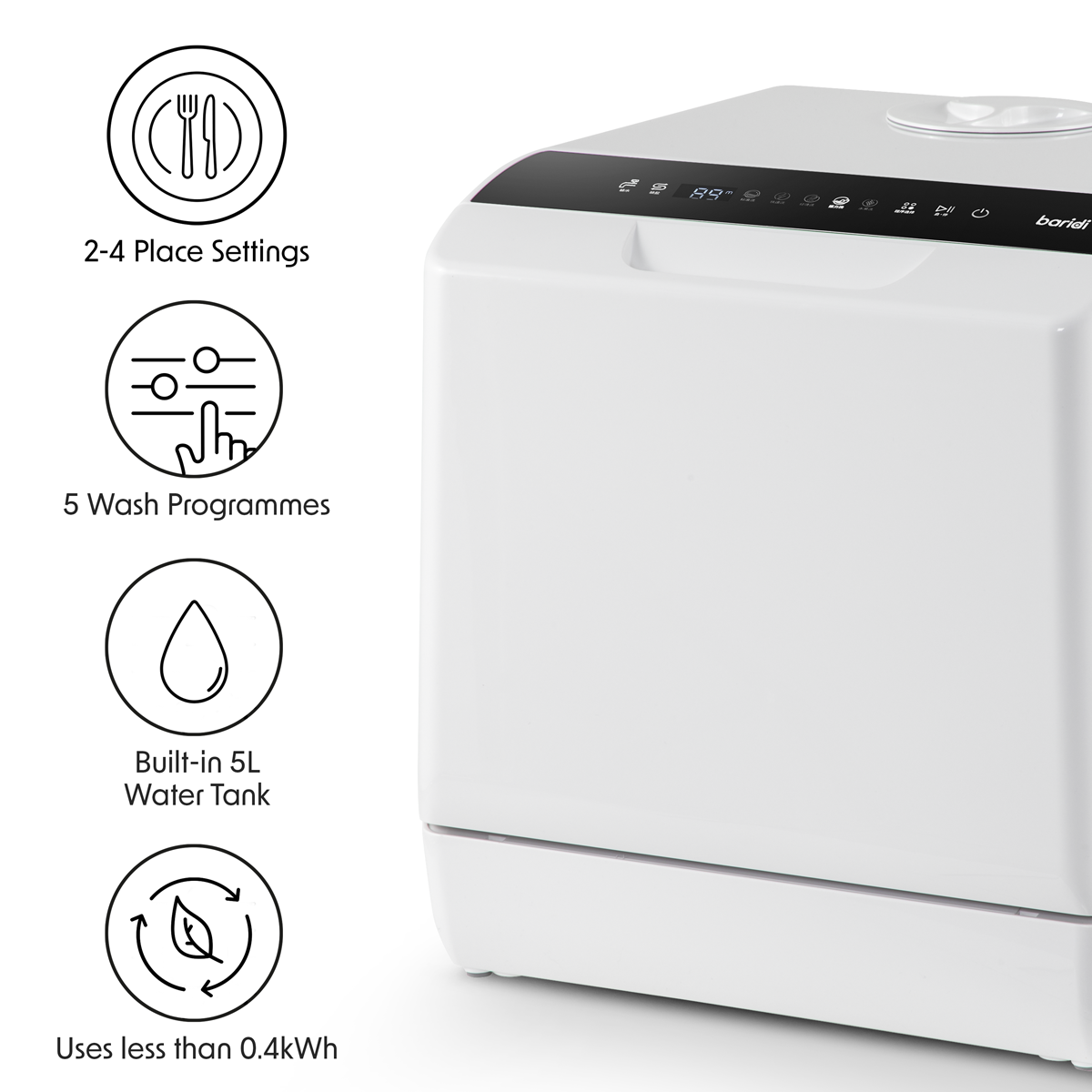 Baridi Mini Tabletop Dishwasher, 2-4 Place Settings, 5L Capacity, White (DH224A)