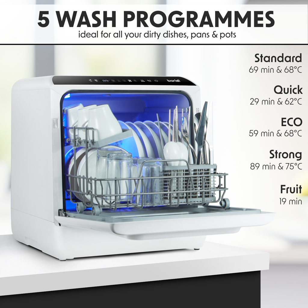 Baridi Mini Tabletop Dishwasher, 2-4 Place Settings, 5L Capacity, White (DH224A) (Factory Refurbished A)