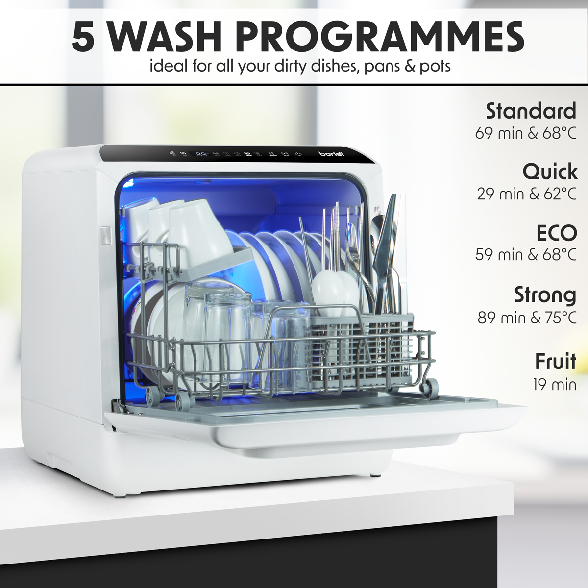 Baridi Mini Tabletop Dishwasher, 2-4 Place Settings, 5L Capacity, White (DH224A)