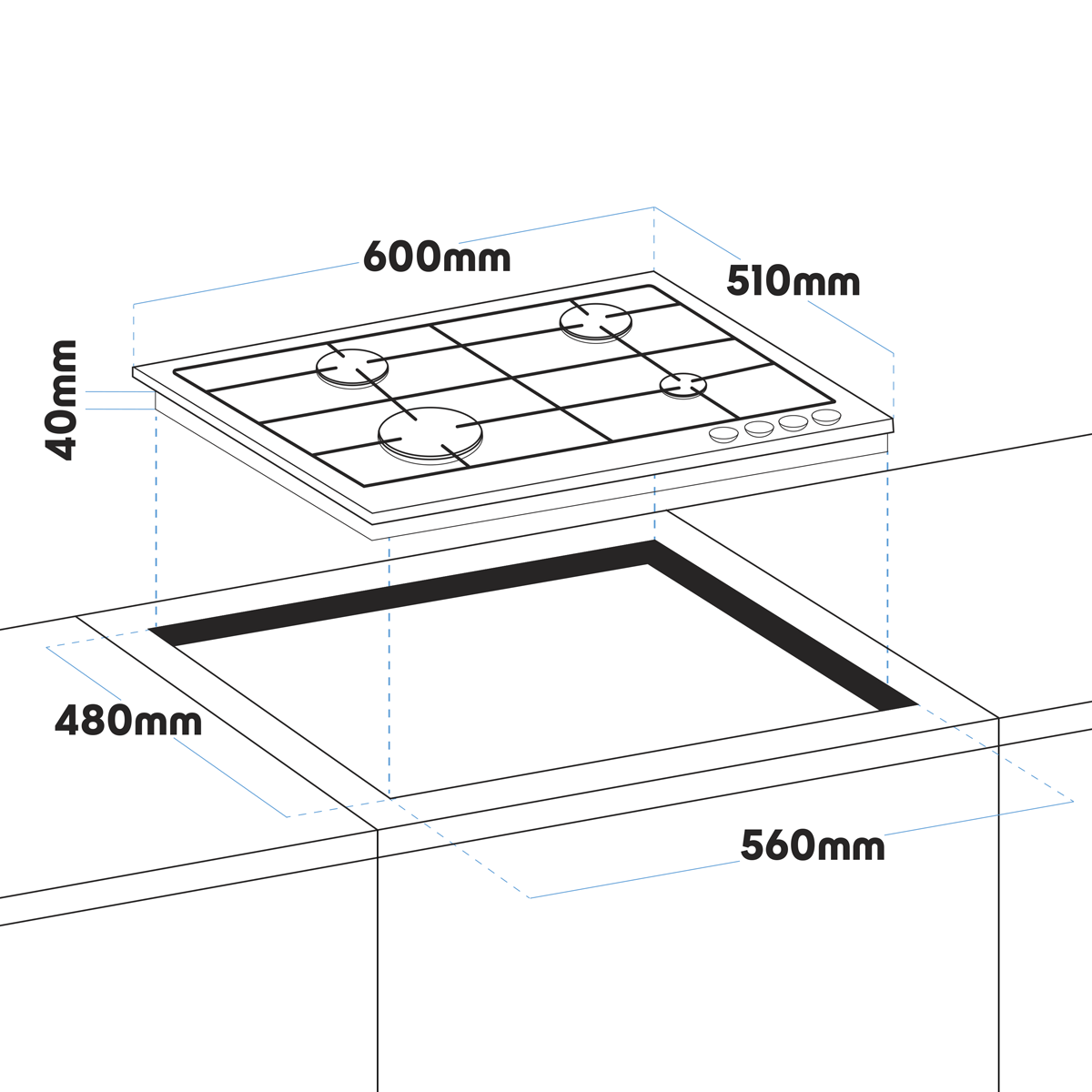 Baridi Chimney Cooker Hood, Oven, Gas Hob & Splashback 60cm (DH390)