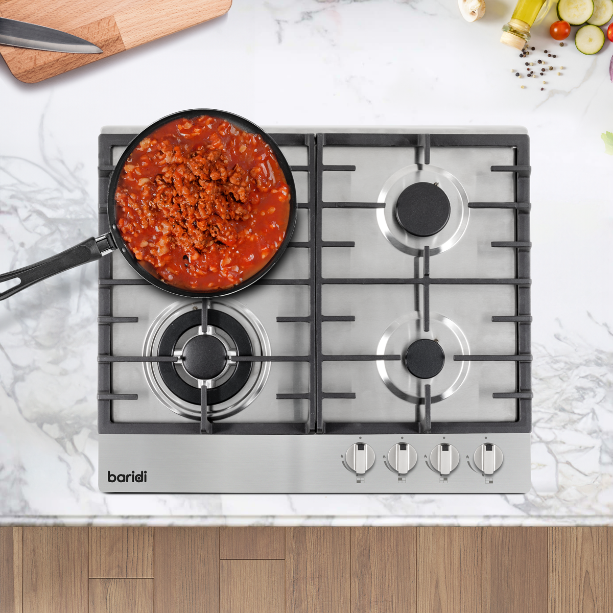 Baridi Built-in Gas Hob 60cm, 4 Cooking Zones, Stainless Steel (DH225) (Factory Refurbished A)